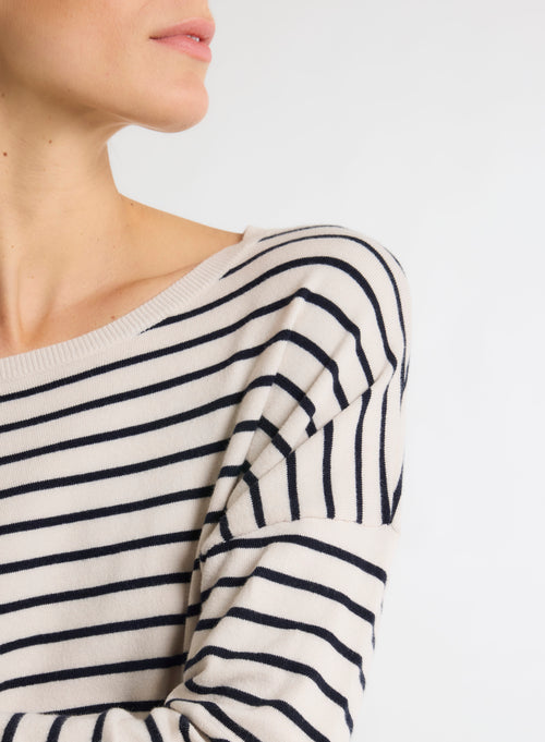 Beigefarbener Pullover mit U-Boot-Kragen und langen Ärmeln - MAJESTIC FILATURES