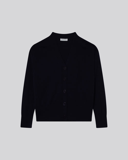 Navy V-Neck Long Sleeve Cardigan in Cashmere - MAJESTIC FILATURES