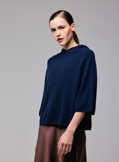 Navy blue Long Sleeves Hoodie Sweater in Cashmere - MAJESTIC FILATURES