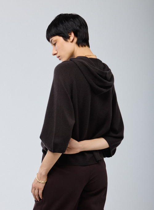 Pull Marron Capuche Manches Longues en Cachemire - MAJESTIC FILATURES