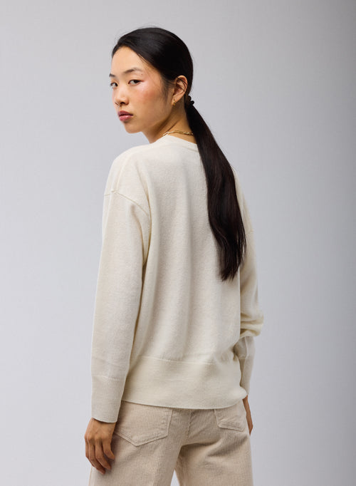 Pull Blanc Col V Manches Longues en Cachemire - MAJESTIC FILATURES