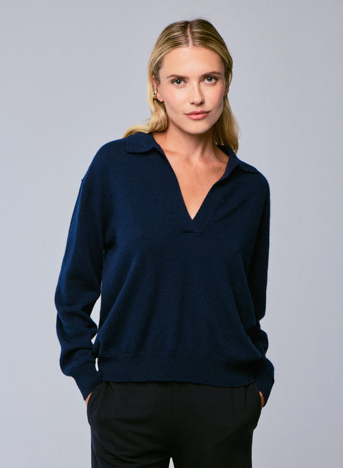 Navy sweater with polo collar long sleeves in cashmere - MAJESTIC FILATURES