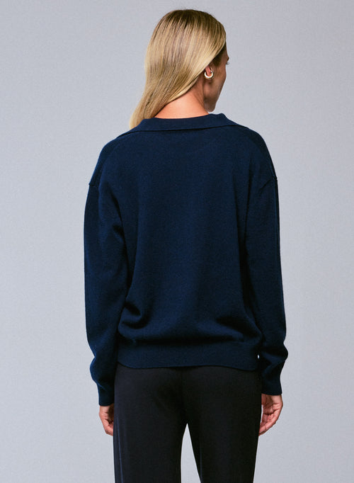 Navy sweater with polo collar long sleeves in cashmere - MAJESTIC FILATURES