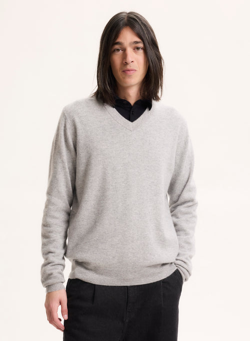 Grauer Pullover mit V-Ausschnitt und langen Ärmeln aus Kaschmir - MAJESTIC FILATURES