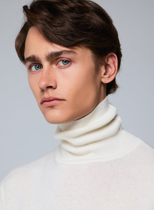 Pull Blanc Col Roulé Manches Longues en Cachemire - MAJESTIC FILATURES
