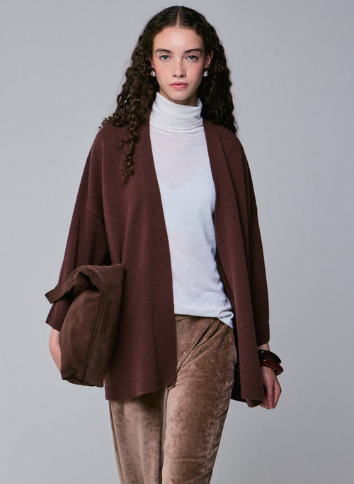 Cárdigan marrón con cuello chal de manga larga en lana merino - MAJESTIC FILATURES