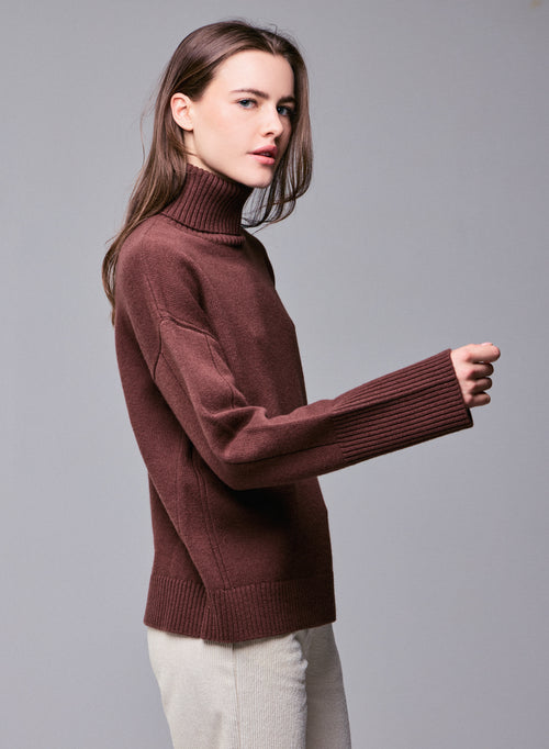 Pull Marron Col Roulé Manches Longues en Laine merinos - MAJESTIC FILATURES