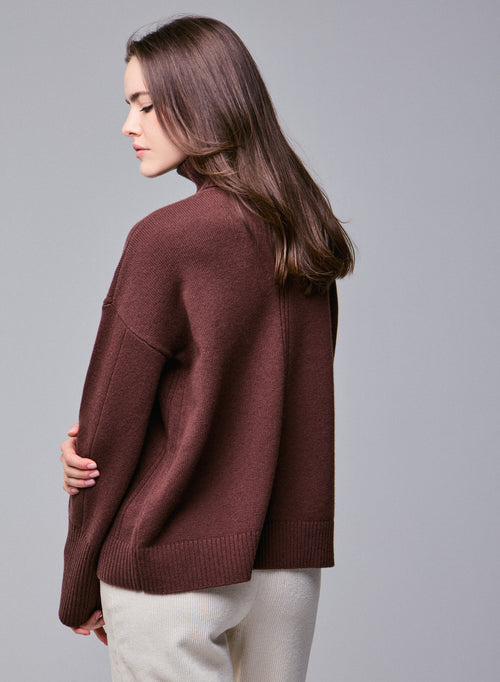 Pull Marron Col Roulé Manches Longues en Laine merinos - MAJESTIC FILATURES