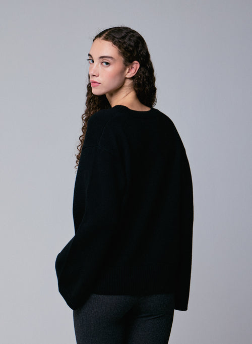 Pull Noir Col V Manches Longues en Laine merinos - MAJESTIC FILATURES