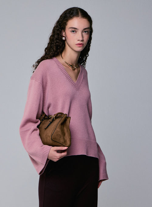Jersey rosa de manga larga y manga larga con cuello en V - MAJESTIC FILATURES