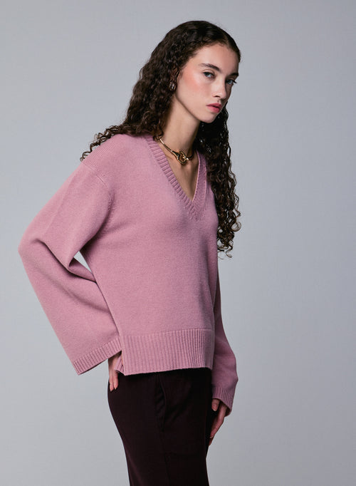 Jersey rosa de manga larga y manga larga con cuello en V - MAJESTIC FILATURES