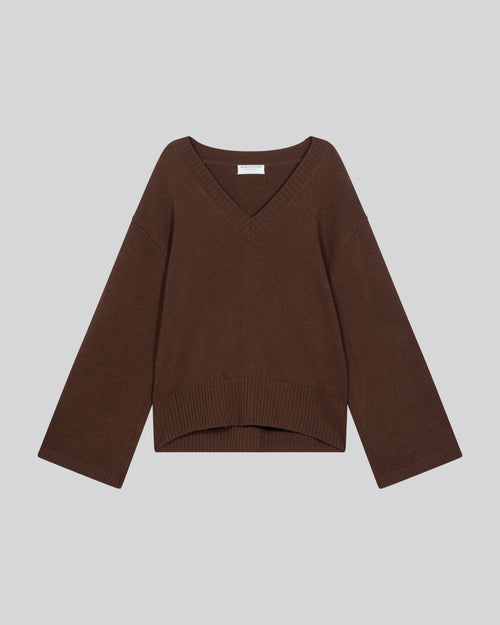 Brauner langärmeliger Pullover aus Merinowolle mit V-Ausschnitt - MAJESTIC FILATURES