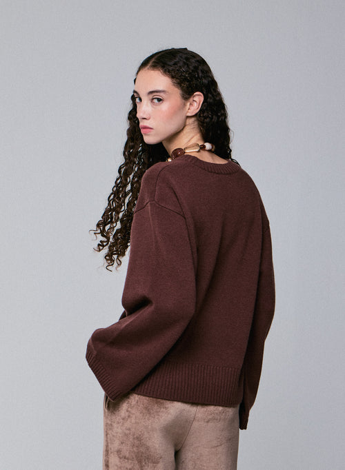 Brauner langärmeliger Pullover aus Merinowolle mit V-Ausschnitt - MAJESTIC FILATURES