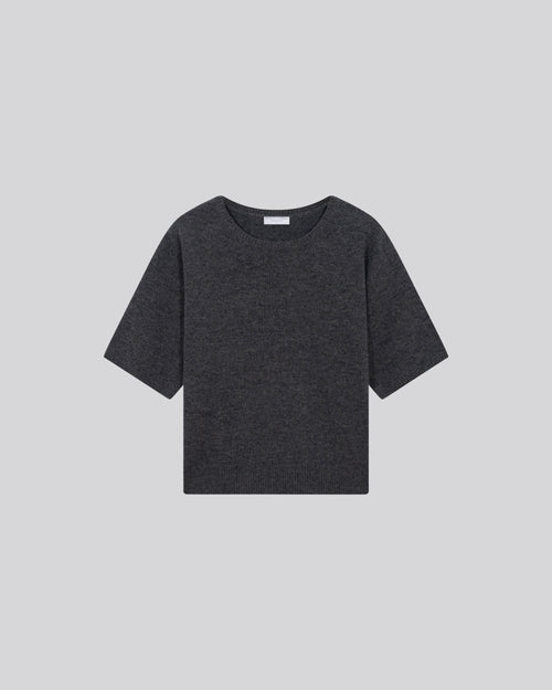 Jersey de lana merino gris de manga corta con cuello redondo - MAJESTIC FILATURES