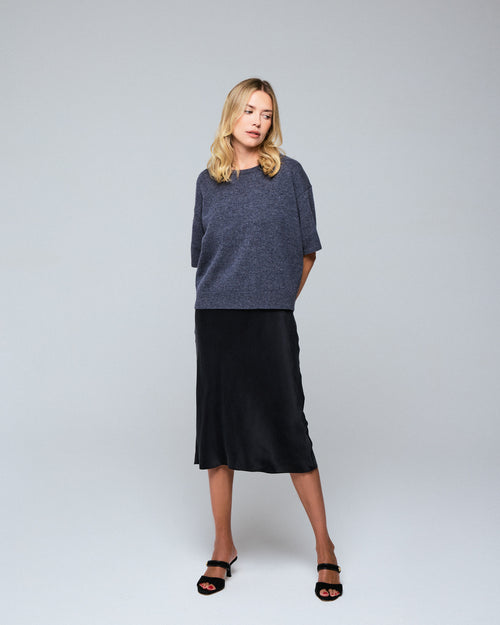 Jersey de lana merino gris de manga corta con cuello redondo - MAJESTIC FILATURES