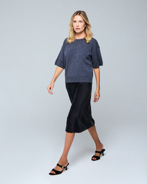 Jersey de lana merino gris de manga corta con cuello redondo - MAJESTIC FILATURES