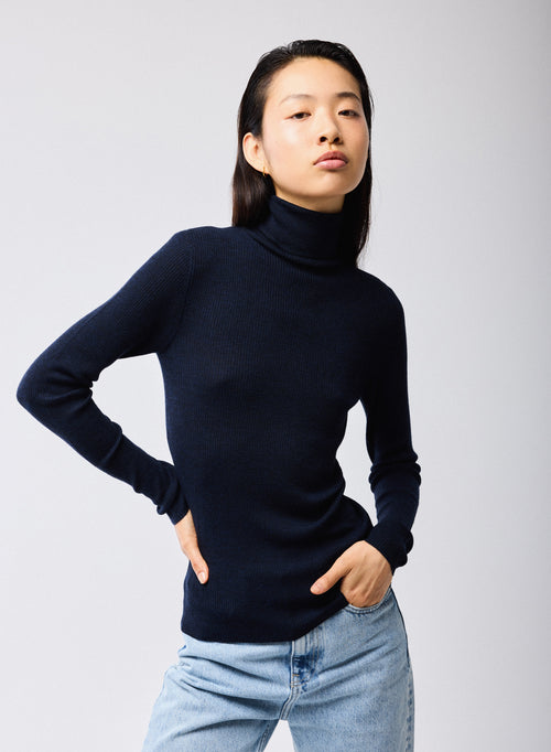 Pull Marine Col Roulé Manches Longues en Laine merinos - MAJESTIC FILATURES