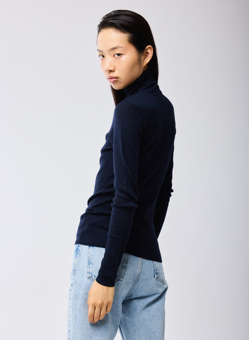 Pull Marine Col Roulé Manches Longues en Laine merinos - MAJESTIC FILATURES