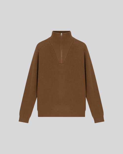 Brauner Pullover mit langärmeligem Stehkragen aus Merinowolle - MAJESTIC FILATURES