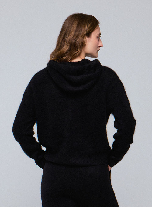 Black hooded sweater with long sleeves in alpaca / polyamide / elastane - MAJESTIC FILATURES