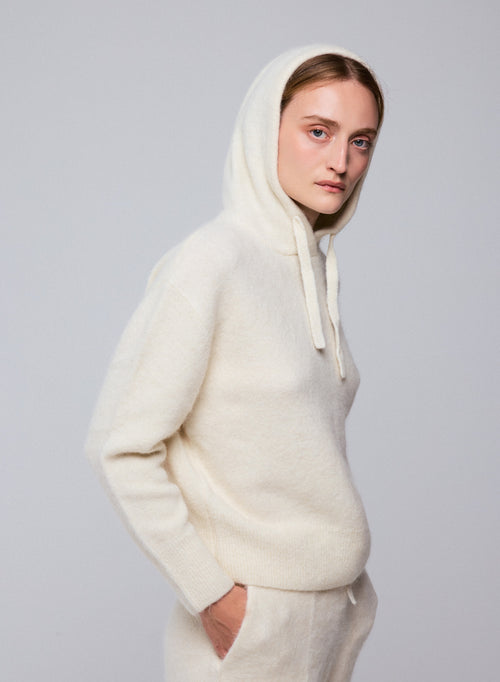 Weißer Kapuzenpullover mit langen Ärmeln aus Alpaka / Polyamid / Elasthan - MAJESTIC FILATURES