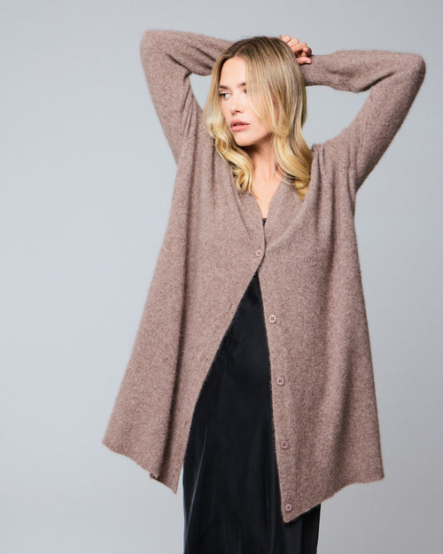 Beige cardigan with long sleeve shawl collar in wool / fox / polyamide - MAJESTIC FILATURES