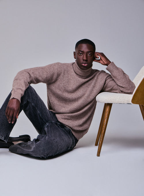 Beige Rollkragenpullover mit langen Ärmeln aus Wolle / Fuchs / Polyamid - MAJESTIC FILATURES