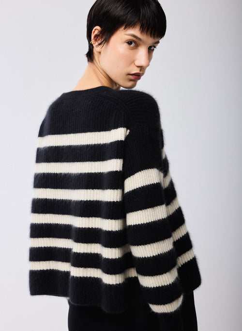 Jersey Negro / Beige Cuello Redondo Mangas Largas en Lana / Zorro / Poliamida - MAJESTIC FILATURES