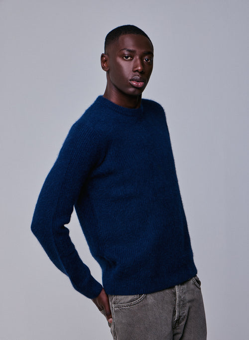 Marineblauer langärmeliger Pullover mit Rundhalsausschnitt aus Wolle / Fuchs / Polyamid - MAJESTIC FILATURES