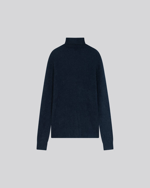Navy turtleneck sweater with long sleeves in wool / Fox / Polyamide - MAJESTIC FILATURES