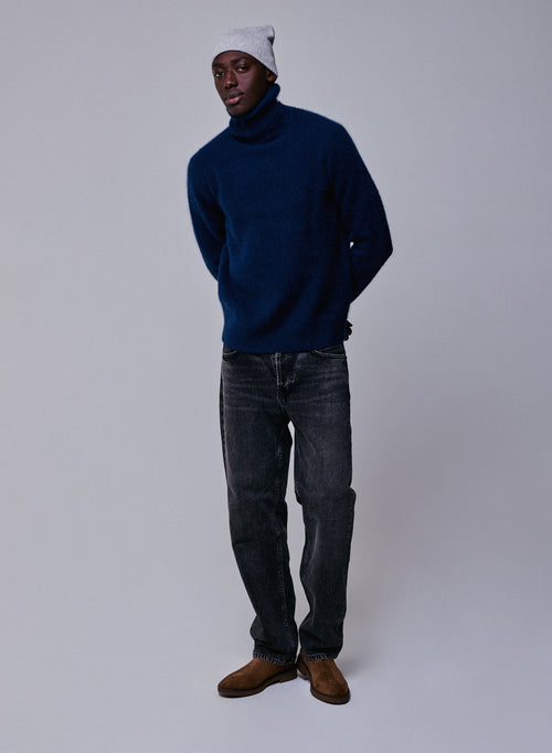 Navy turtleneck sweater with long sleeves in wool / Fox / Polyamide - MAJESTIC FILATURES