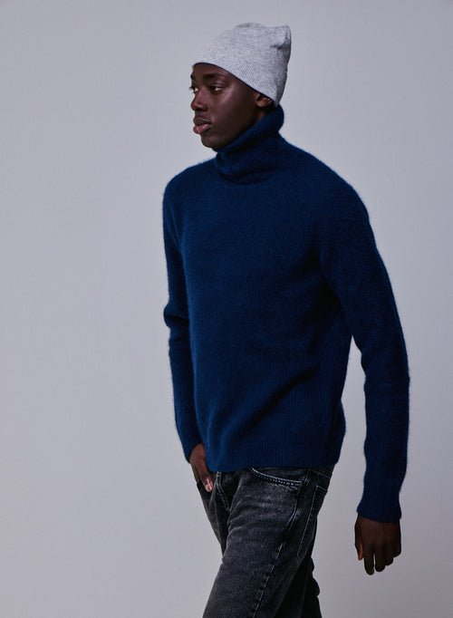 Navy turtleneck sweater with long sleeves in wool / Fox / Polyamide - MAJESTIC FILATURES