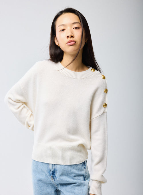 White Pull Round Neck Long Sleeves in Wool Cashmere - MAJESTIC FILATURES