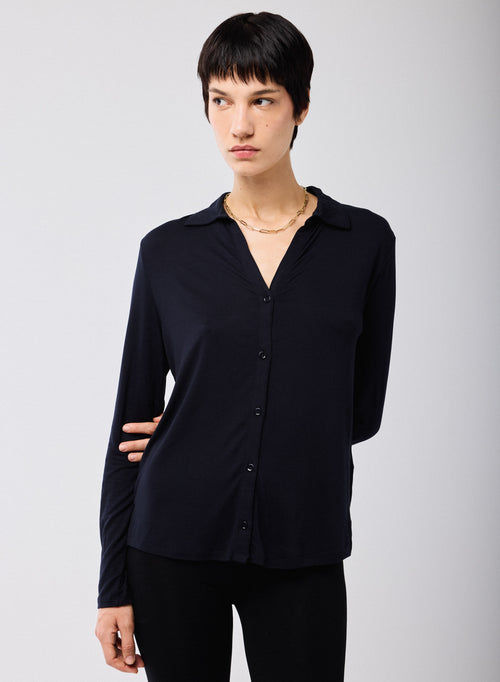Marineblaues Langarmshirt aus Viskose und Elasthan - MAJESTIC FILATURES