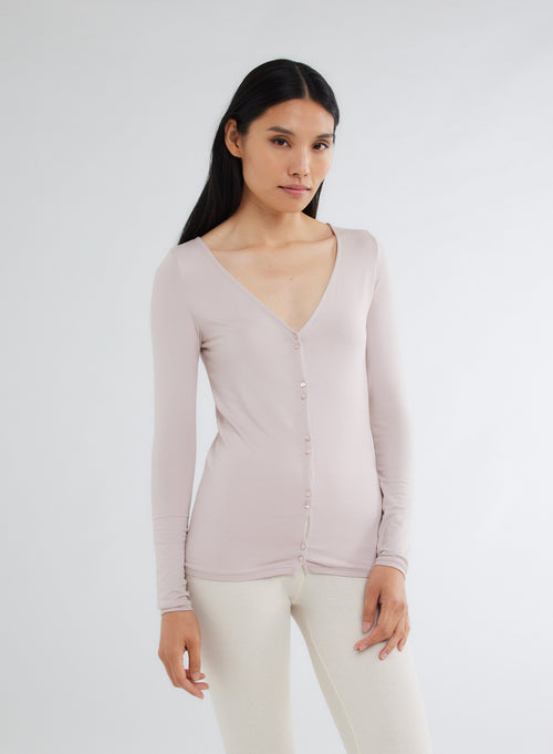 Chaleco Rosa Cuello V Manga Larga en Viscosa y Elastano - MAJESTIC FILATURES