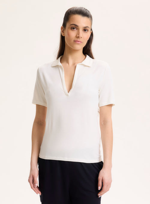 Weißes Poloshirt mit kurzen Ärmeln Polokragen aus Viskose / Elasthan - MAJESTIC FILATURES