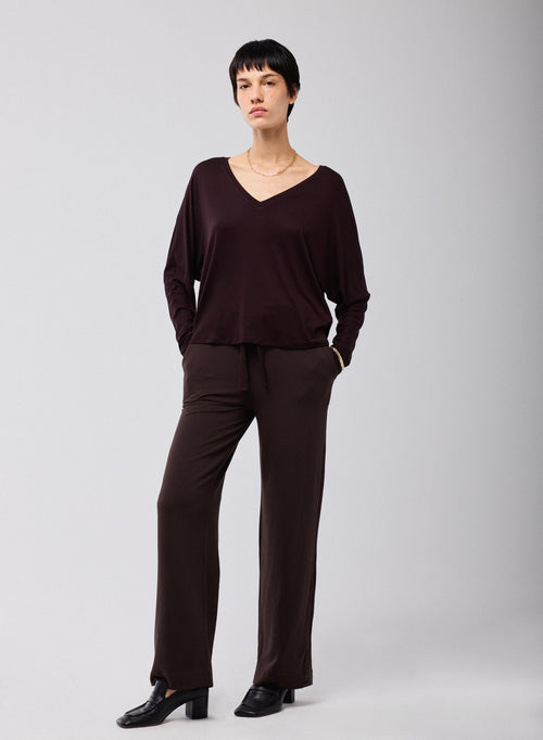 T-shirt Aubergine Col V Manches Longues en Viscose / Elasthanne - MAJESTIC FILATURES