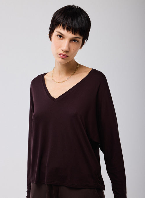 T-shirt Aubergine Col V Manches Longues en Viscose / Elasthanne - MAJESTIC FILATURES