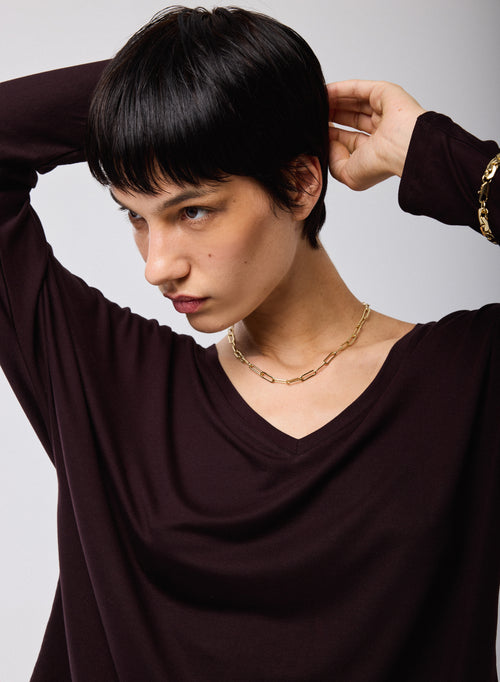 T-shirt Aubergine Col V Manches Longues en Viscose / Elasthanne - MAJESTIC FILATURES
