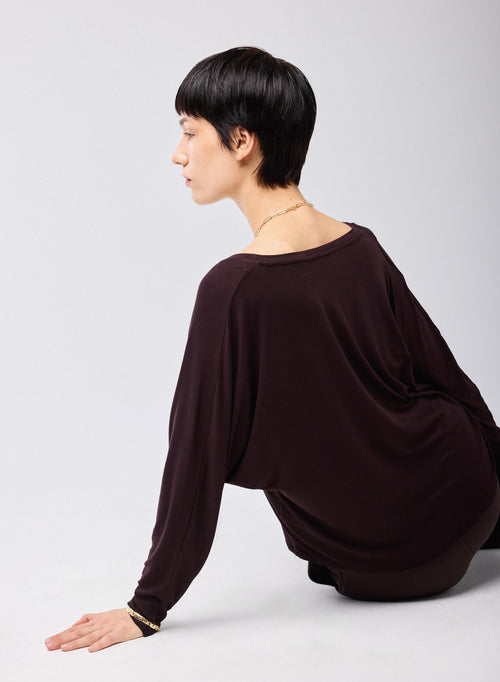T-shirt Aubergine Col V Manches Longues en Viscose / Elasthanne - MAJESTIC FILATURES