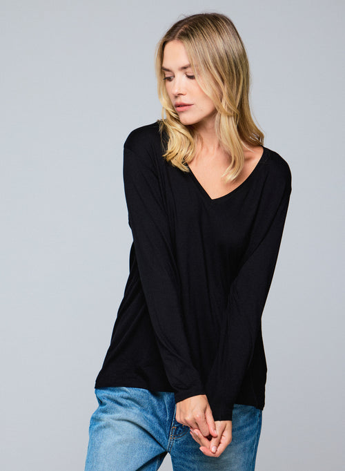 Black V-neck Long Sleeve Viscose / Elastane T-shirt - MAJESTIC FILATURES