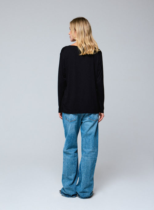 Black V-neck Long Sleeve Viscose / Elastane T-shirt - MAJESTIC FILATURES