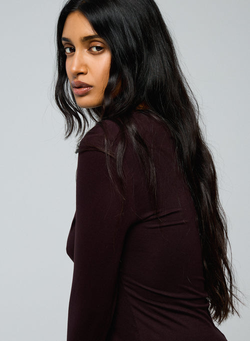 Aubergine Round Neck Long Sleeve Viscose / Elastane T-shirt - MAJESTIC FILATURES