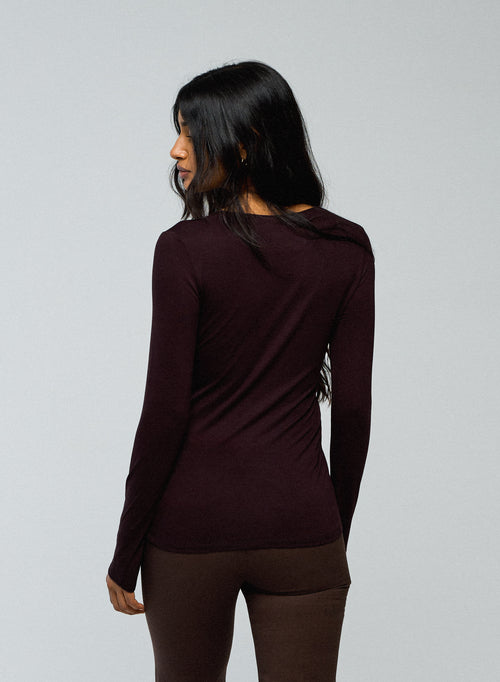 Aubergine Round Neck Long Sleeve Viscose / Elastane T-shirt - MAJESTIC FILATURES