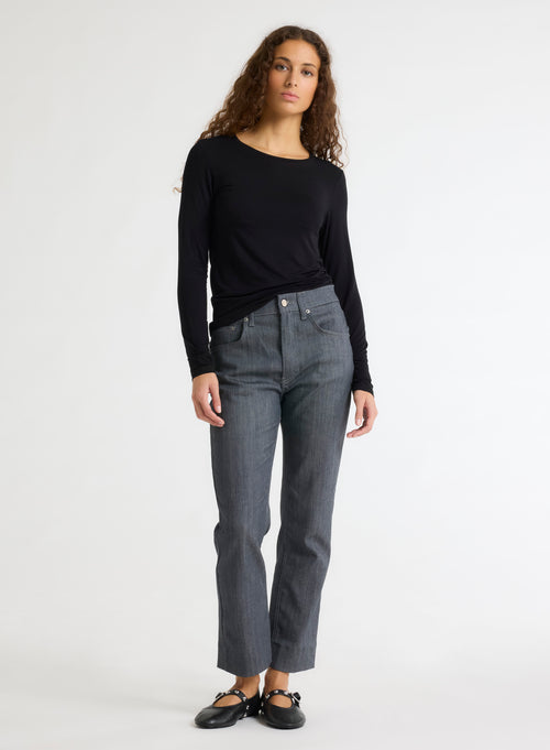 Black Round Neck Long Sleeves T-shirt in Viscose / Elastane - MAJESTIC FILATURES