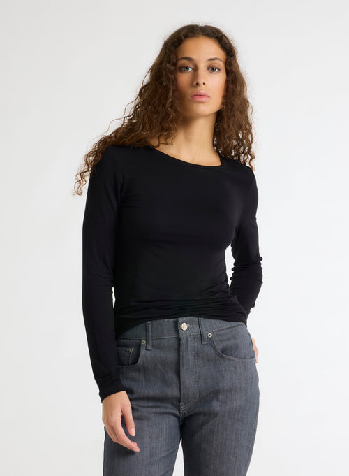 Black Round Neck Long Sleeves T-shirt in Viscose / Elastane - MAJESTIC FILATURES