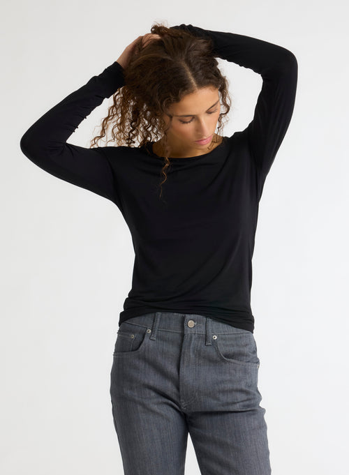 Black Round Neck Long Sleeves T-shirt in Viscose / Elastane - MAJESTIC FILATURES