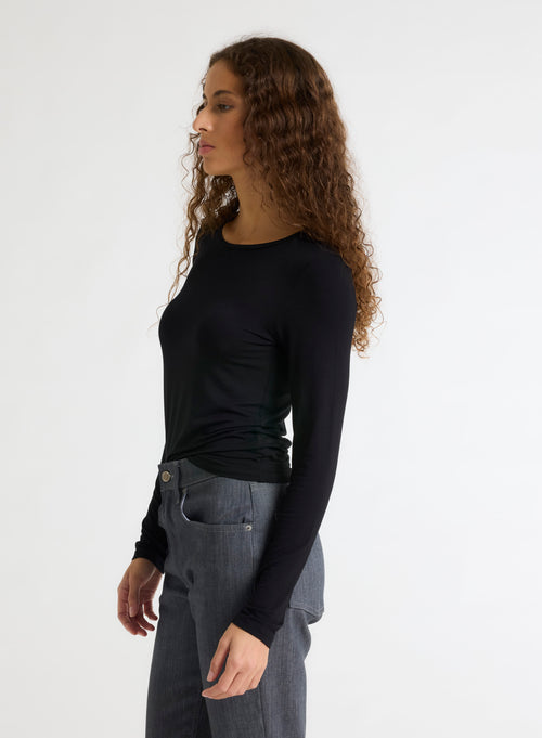 Black Round Neck Long Sleeves T-shirt in Viscose / Elastane - MAJESTIC FILATURES