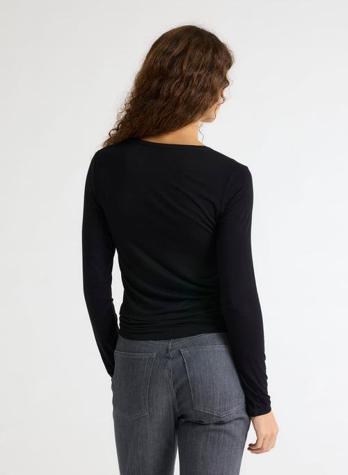 Black Round Neck Long Sleeves T-shirt in Viscose / Elastane - MAJESTIC FILATURES