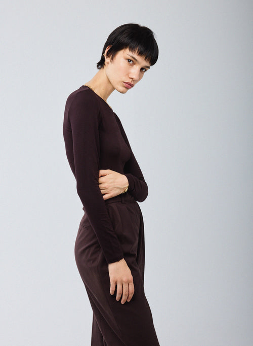 T-shirt Aubergine Col Rond Manches Longues en Viscose / Elasthanne - MAJESTIC FILATURES